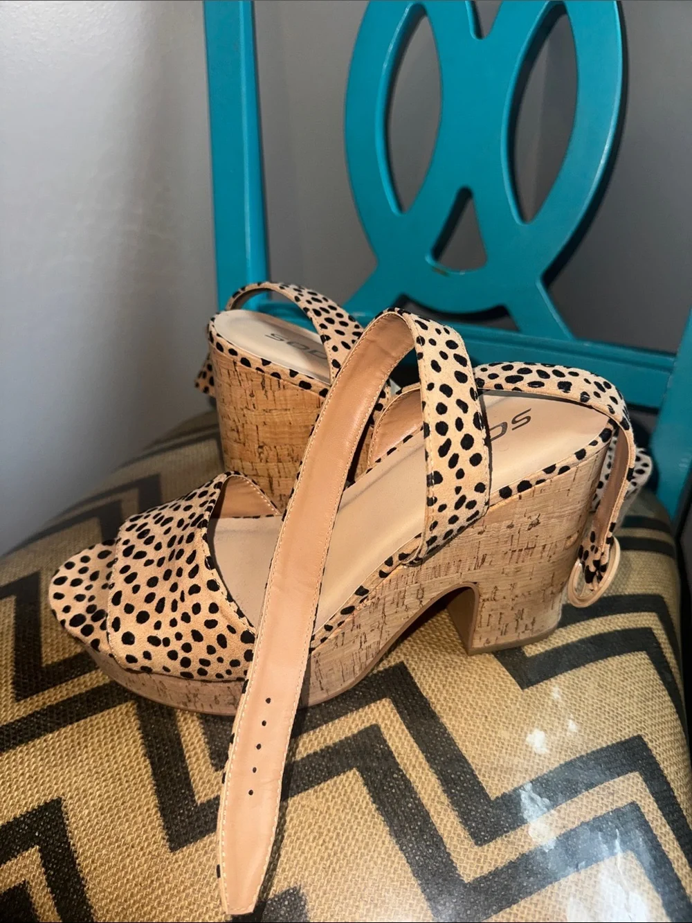 Soda Leopard Spot Cork Platform Sandals in Tan and Black